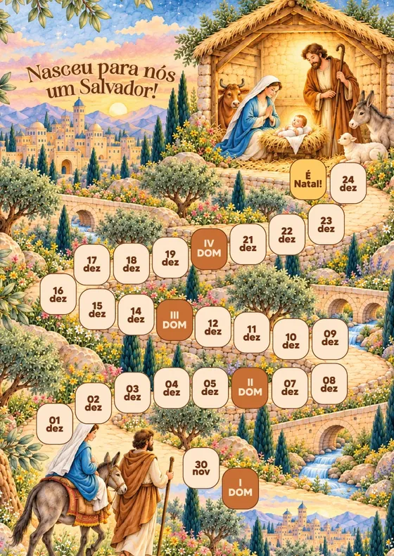 Calendário ilustrado do Advento com a trilha até o presépio