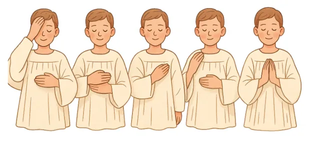 Ilustração de crianças fazendo o sinal da cruz e rezando de mãos postas